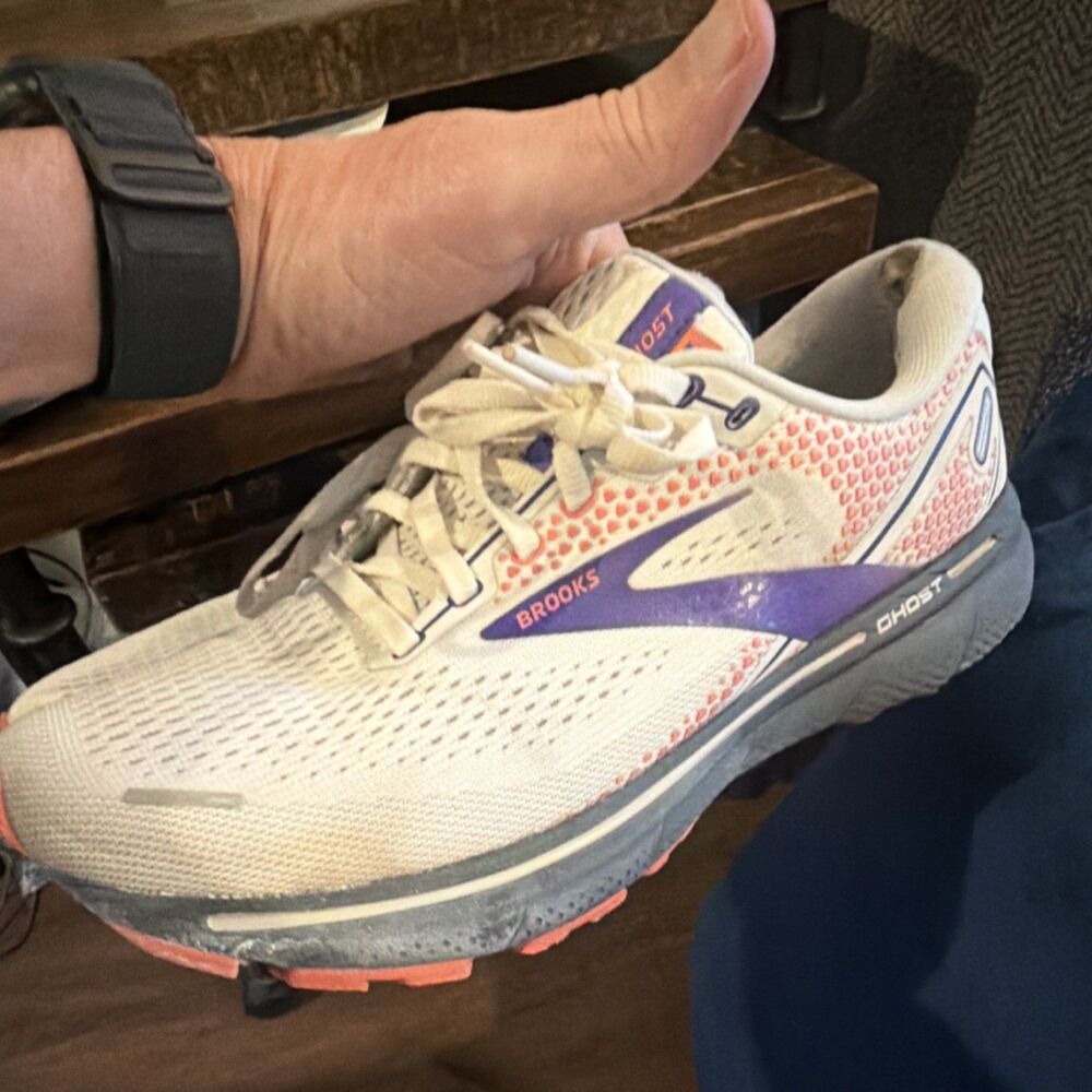 Brooks Ghost Men's Running Shoe in White, Purple and Coral